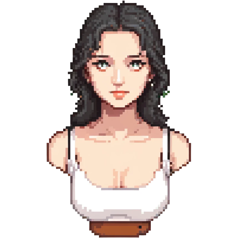una mujer con mucho busto, diseño sencillo, expresión neutral, sin fondo emoji