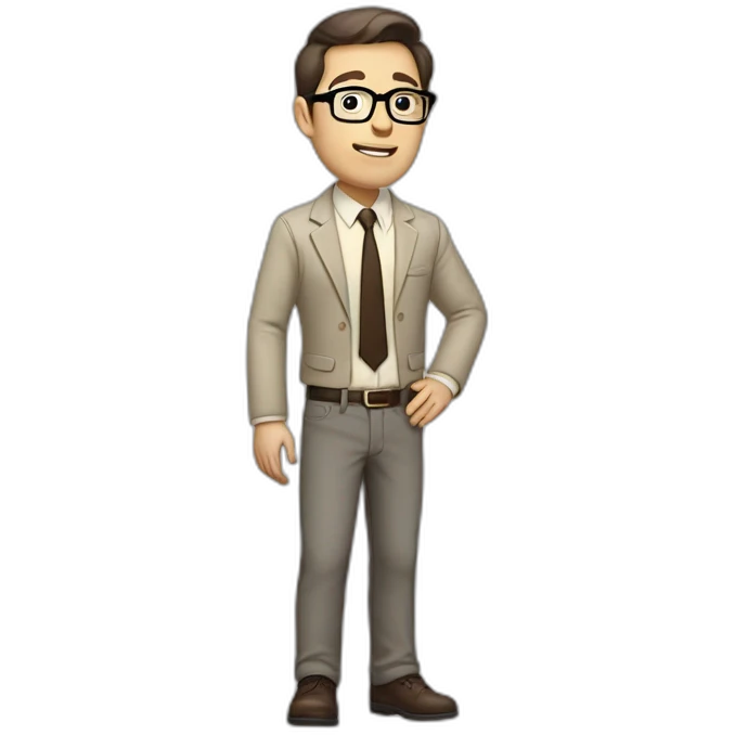 Full height Gesticulating Pale skinned fit man with dark brown hair in gray jacket, beige office shirt, brown tie, brown pants and vintage glasses. emoji