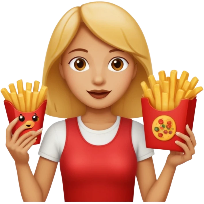 lean female holding fries on one hand and eating pizza on the other hand emoji