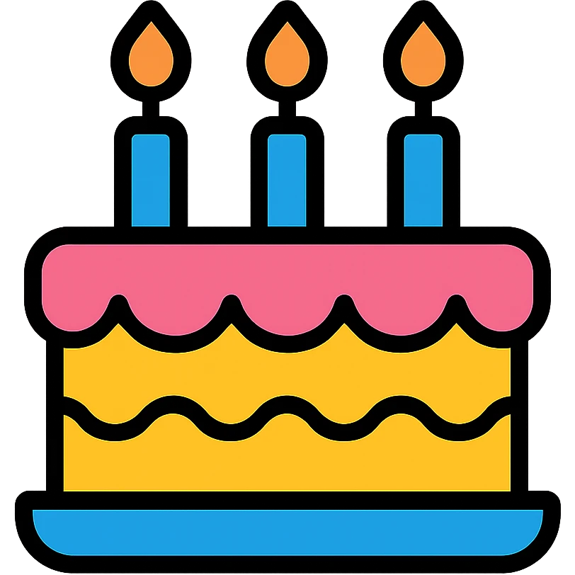 A birthday cake with lit candles and decorative frosting emoji