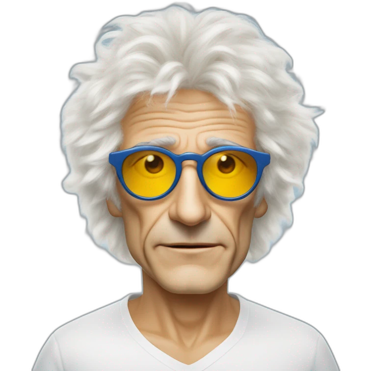 michel polnareff avec des lunettes de soleil blanches, des cheveux longs jaunes et raides, vieux, avec un costume bleu et expression de visage neutre emoji