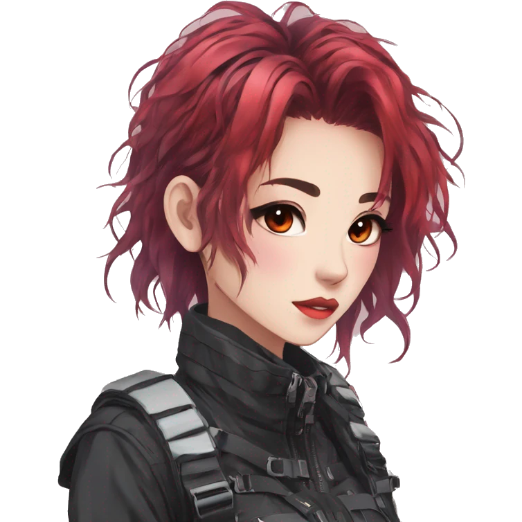 Gorgeous pastel techwear anime style lady with blushing face aesthetic and pretty edgy black red punk messy hair with collar and harness trending style emoji