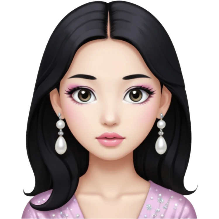 asian long black hair silver grey eyes glossy lips glittery white and light pink eyeshadow girl pearl earrings emoji