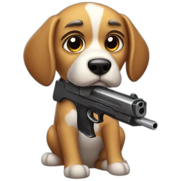 Not happy dog having a plastic black gun emoji