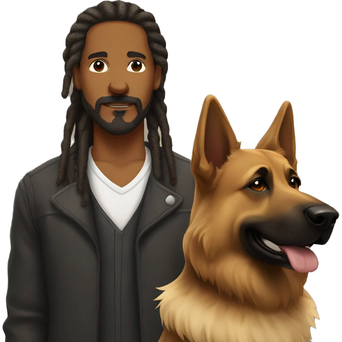 man with dreadlocks, mustache and goatee alongside a brindle colored german shepherd dog emoji