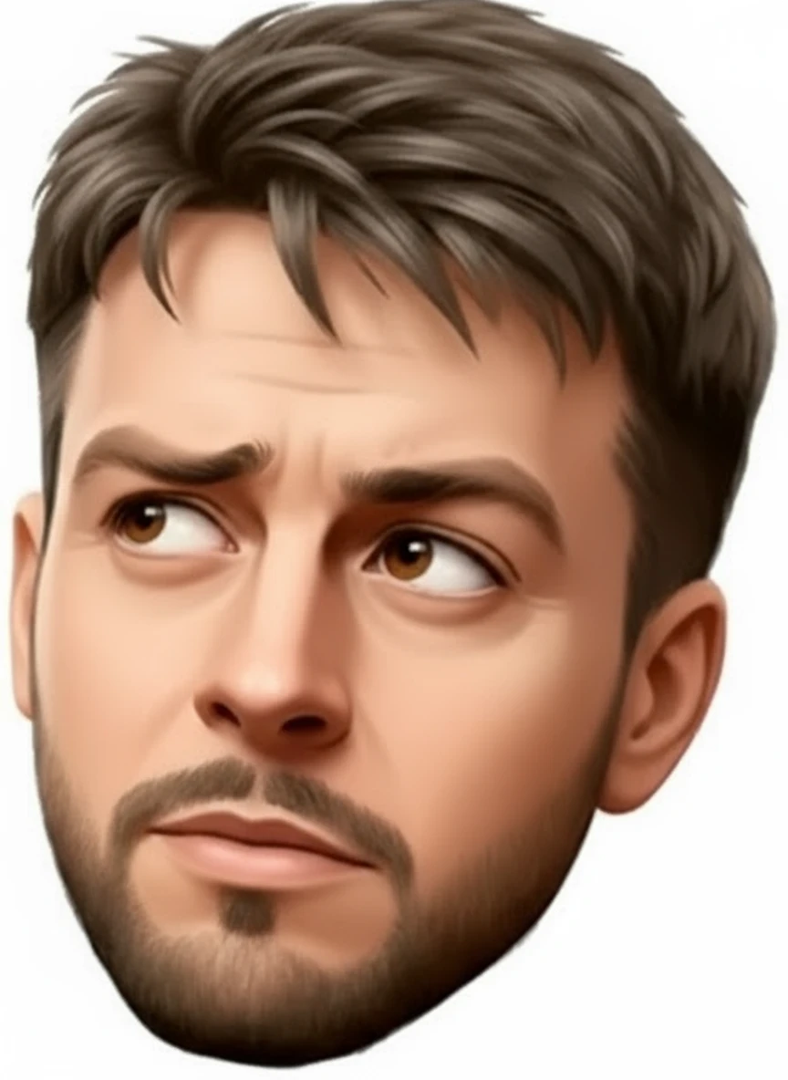 нарисуй точно такого же человека, с такой же эмоцией, но голова повернута в противоположную сторону, пробор на голове как в оригинале, без фона emoji