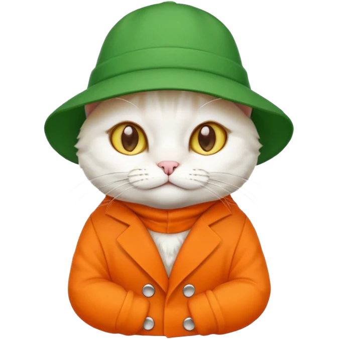 white cat with orange coat and green hat that says 'I'm cat', emoji style variation 3 emoji