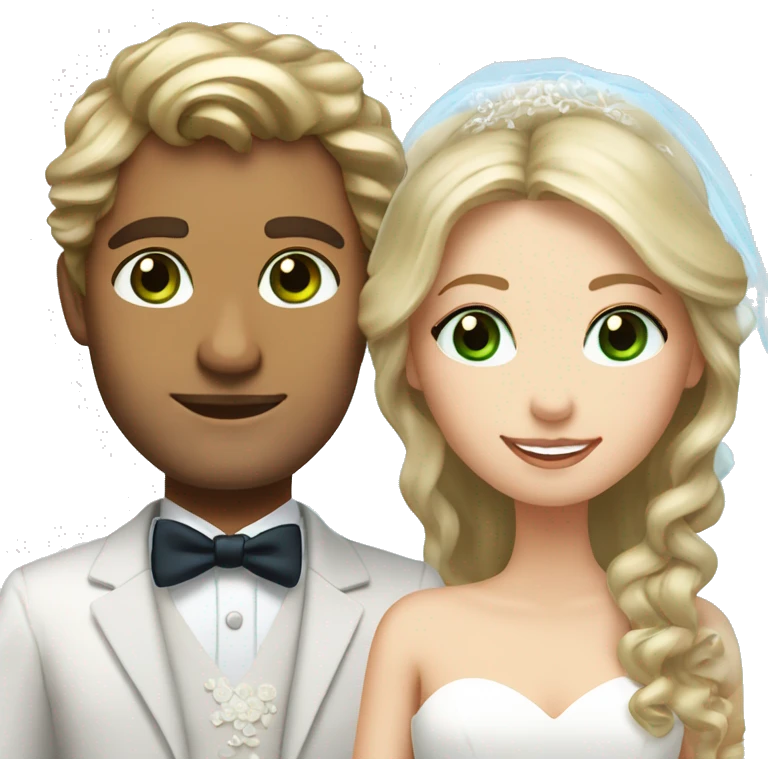 Bride with long wavy lose brown hair and green eyes and groom with blonde hair and blue eyes  emoji