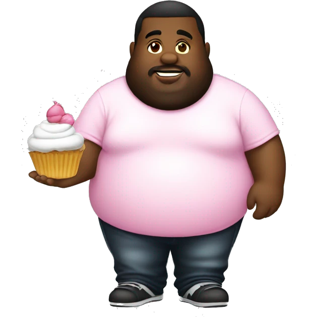 Big and fat man black wearing white t-shirt holding cupcake pink emoji