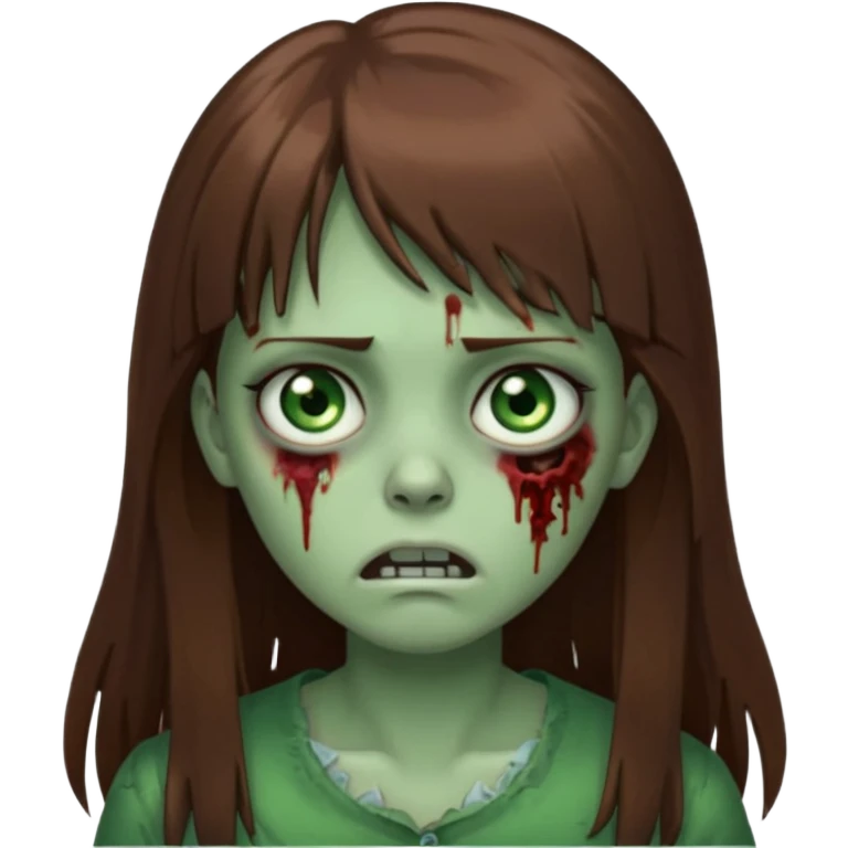 zombie girl, with long brown hair and bangs, ex with emojis:🧟‍♀️🙍‍♀️ emoji
