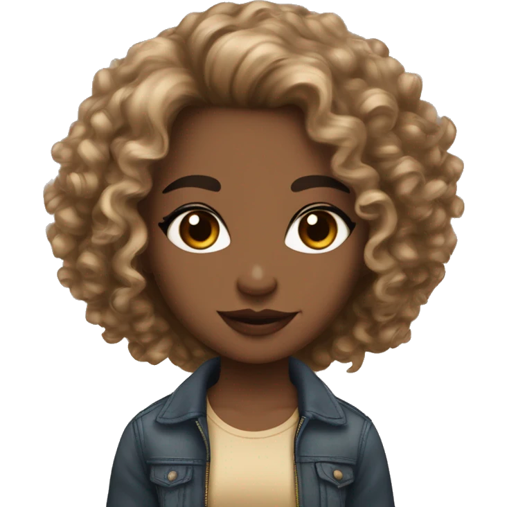 Curly dark brown hair, pointy nose, full lips without cupids bow, brown eyes, thick eyebrows and long lashes, light brown with golden tint skin tone  emoji