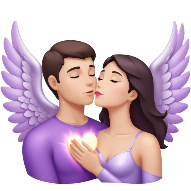 White brunette human man with rays of light Heart kisses a pastel purple woman angel emoji