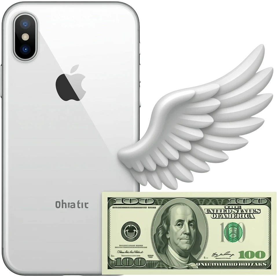 A white iPhone, with a winged banknote placed next to it emoji