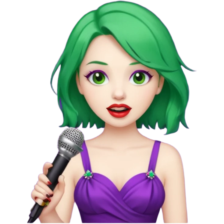 female joker with dress, microphone, singing emoji