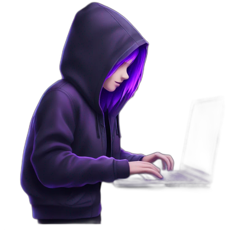  Girl artist behind his laptop with this style : Alan Walker Singer neon glowing bright purple character purple themed character emoji