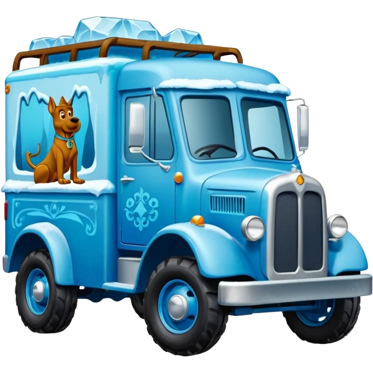 shiny crushed-dark-ice-blue crystal frozen Scooby Doo 1912 antique long-wheelbase cab over off-road trails low rider moving truck  emoji