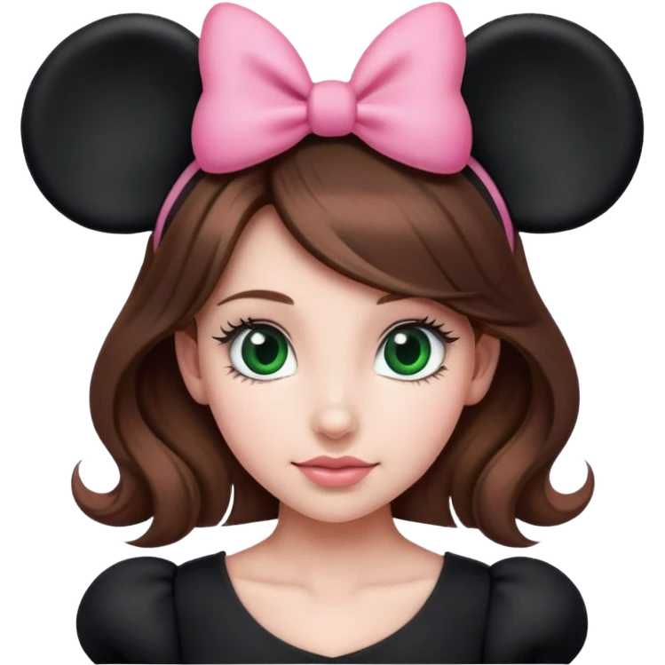 Brown hair girl with green eyes wearing black Minnie Mouse ears with a pink bow emoji