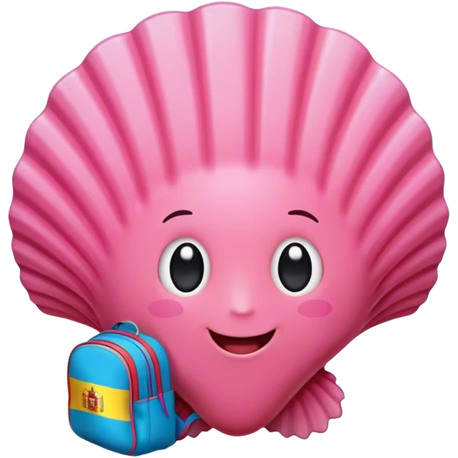 Create an emoji of a pink scallop shell wearing a backpack with a Spanish flag attached. The shell should have a friendly and adventurous expression, symbolizing travel and pilgrimage. Use vibrant colors with clear details, ensuring the Spanish flag is visibly waving from the backpack. The overall design should be cute, colorful, and suitable for use as an emoji. emoji
