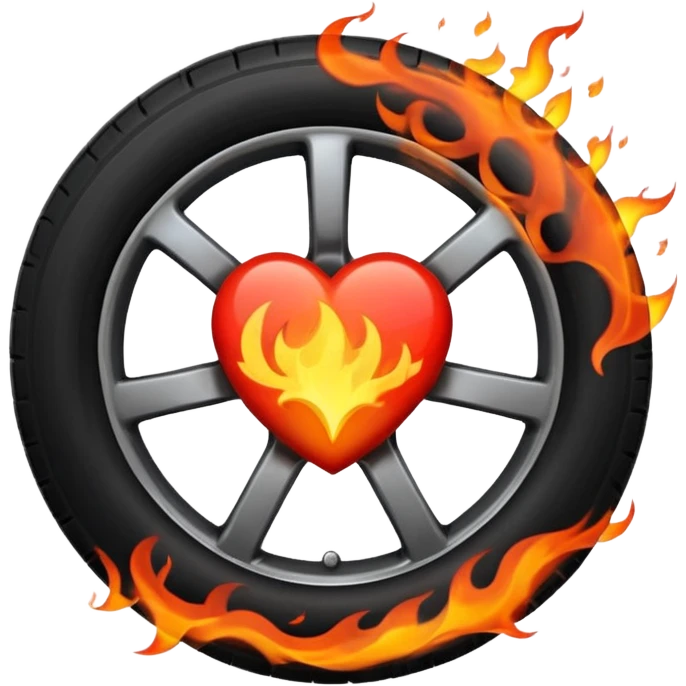 a burning car wheel, and in the center of the wheel there is a red heart emoji
