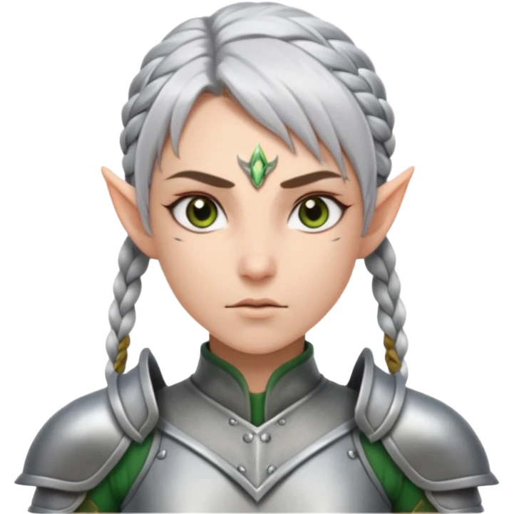 battle elf, tight braid, silver armor, fierce stare emoji