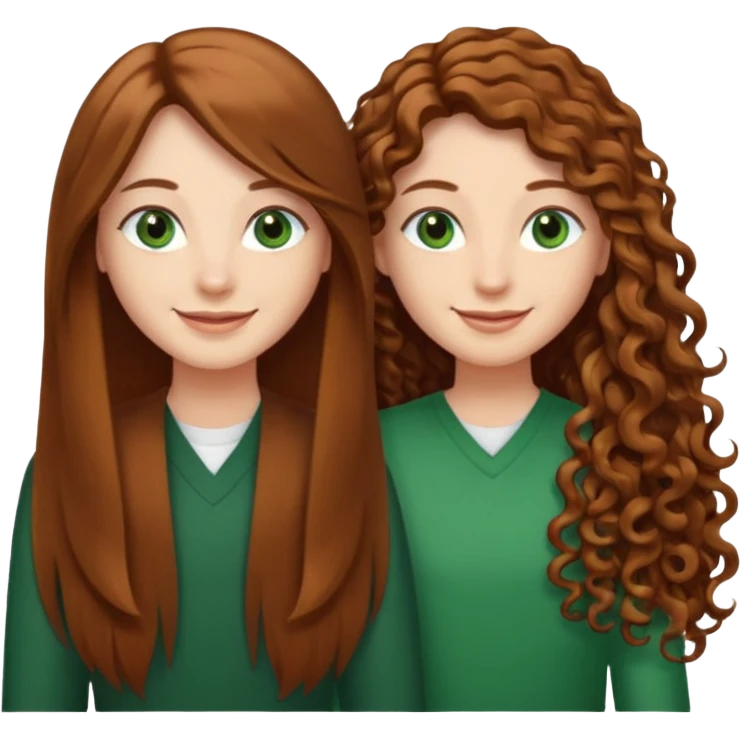 Two besties: 1: long ironed straight hair, green eyes 2: long curly brown hair, brown eyes emoji