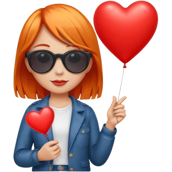 orange hair girl with sun glasses holding red heart balloon emoji