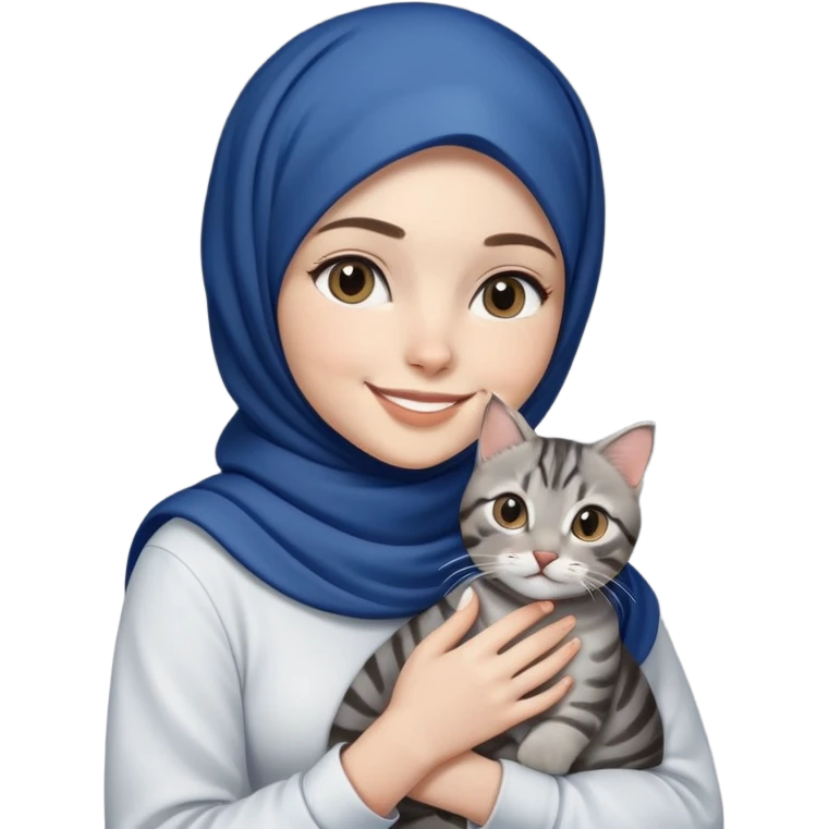 White girl wearing dark blue hijab with white shirt smiling while holding a black grey tabby cat emoji