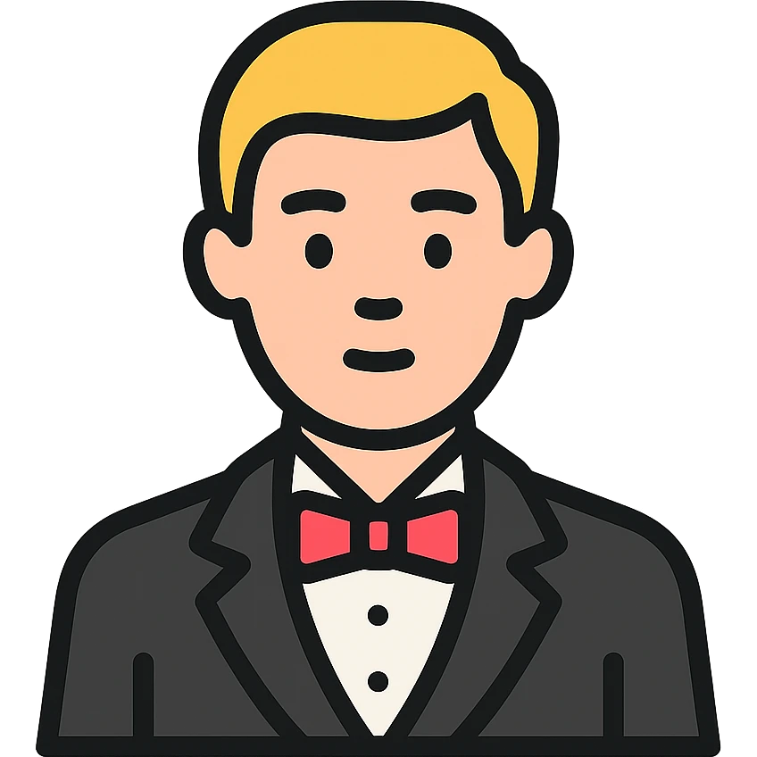 man in a vintage black and white suit, no facial hair, colored outline icon emoji