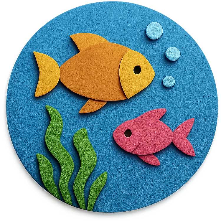 underwater ocean scene with fish, seaweed, and bubbles in vibrant colors in paper-craft style emoji