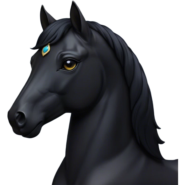 Cinematic Noble Black Horse Portrait Emoji, Poised and regal, with a strong, athletic build and a sleek, well-groomed jet-black fur, deep-set soulful dark eyes, Simplified yet sharp and sophisticated features, highly detailed, glowing with a soft, dignified glow, high shine, intelligent and commanding, stylized with an air of mysterious grace, focused and attentive, soft glowing outline, capturing the essence of a watchful and confident steed, so majestic it feels as though it could gallop out of the screen with effortless authority! emoji