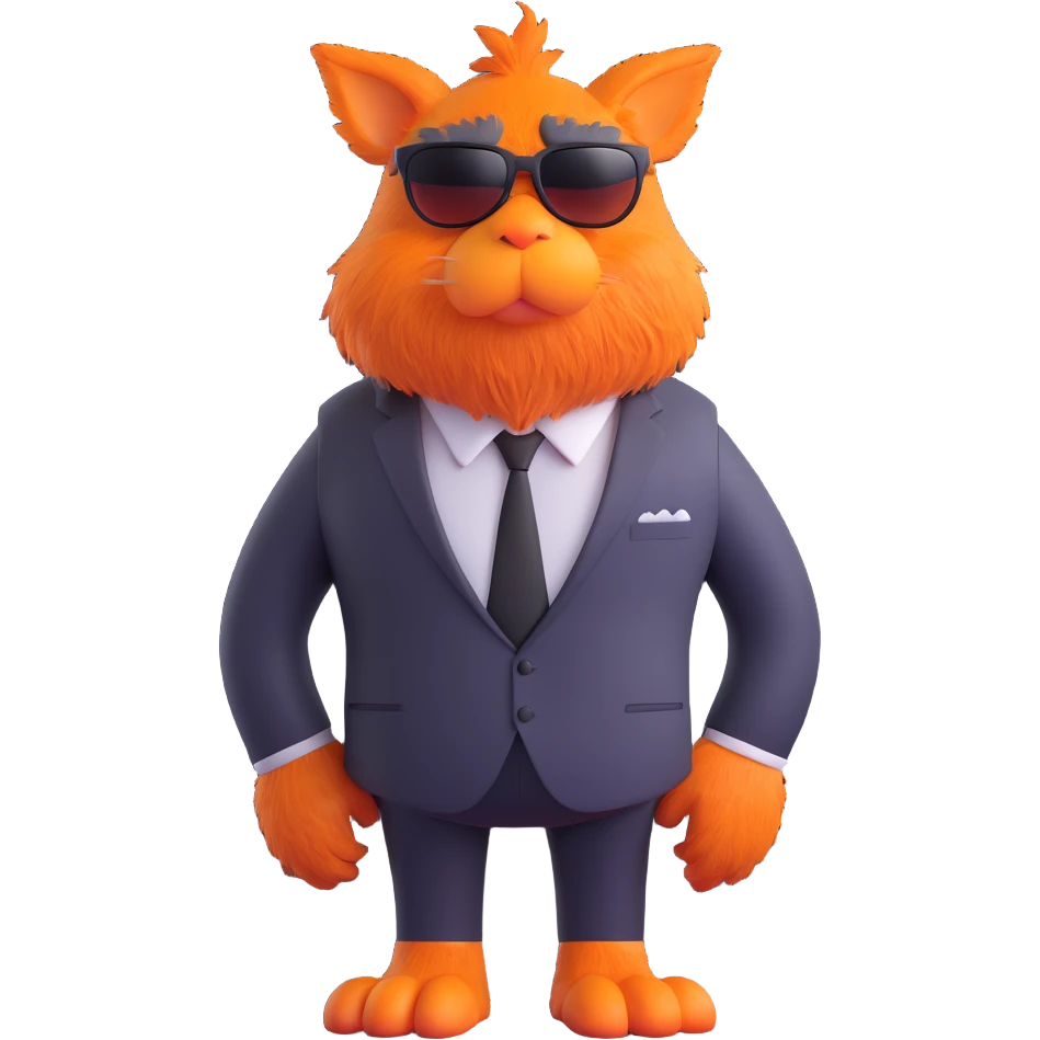 large furry cartoon creature with big orange nose, wearing sunglasses and black tie, standing upright, looking slightly to the left, grumpy expression, centered full body, plain blue background, 3D rendering style, smooth textures, bright lighting, humorous and playful mood emoji