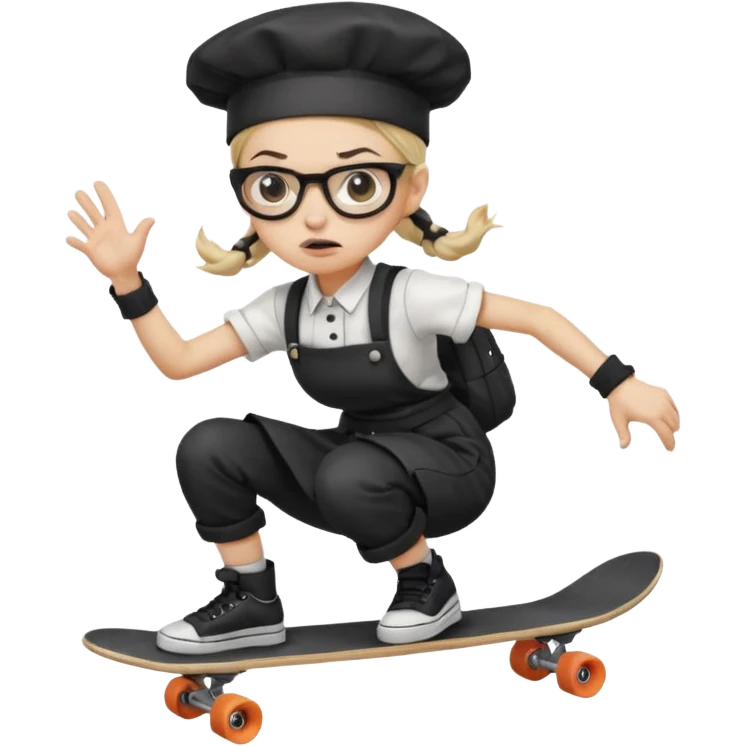 ["An angry woman with light skin, ponytail, wearing a chef hat and square glasses, dressed in goth fashion, is skateboarding while holding a backpack."] emoji