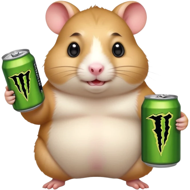 Funny cartoon-style fat hamster wide eyed like a crackhead holding a can of monster energy in one hand and redbull in the other hand emoji