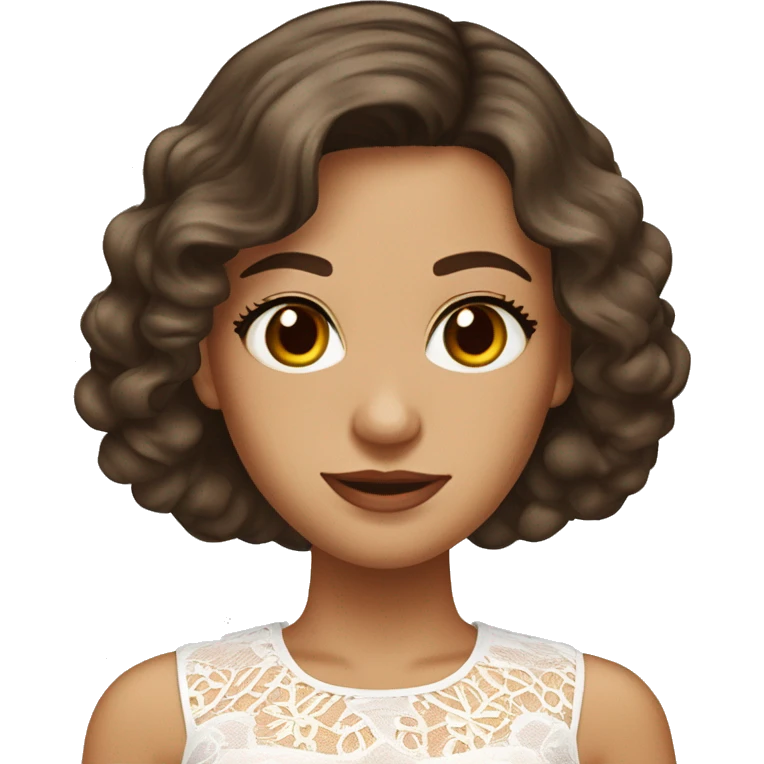 Adult woman with brown eyes, light tanned skin, long wavy dark brown hair, wearing a white lace dress with round collar emoji