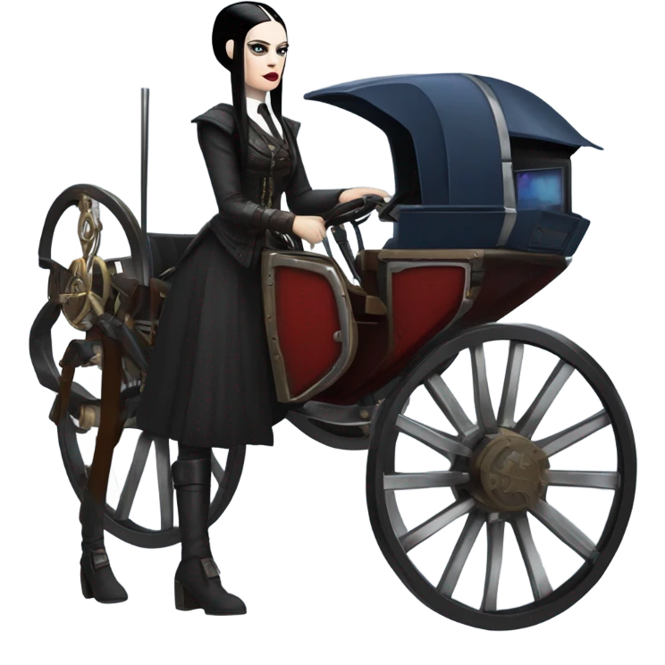 Wednesday Addams Jedi bounty hunter driving a modern blue,red and pewter steampunk electric luxury carriage  emoji