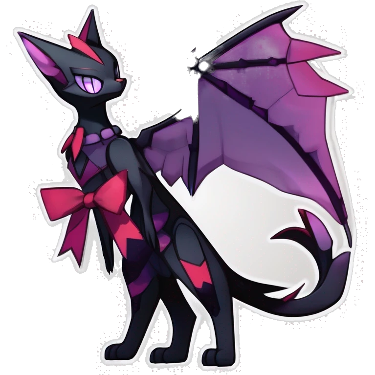  Cool cute edgy cartoon black purple red ethereal fantasy beautiful elegant nargacuga-Noivern-cat-Fakemon collar harness bow tie and bracers full body emoji