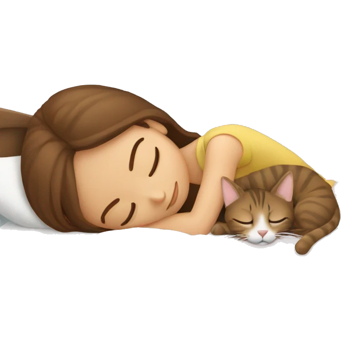 brown haired girl sleeping with tabby brown cat in bed emoji