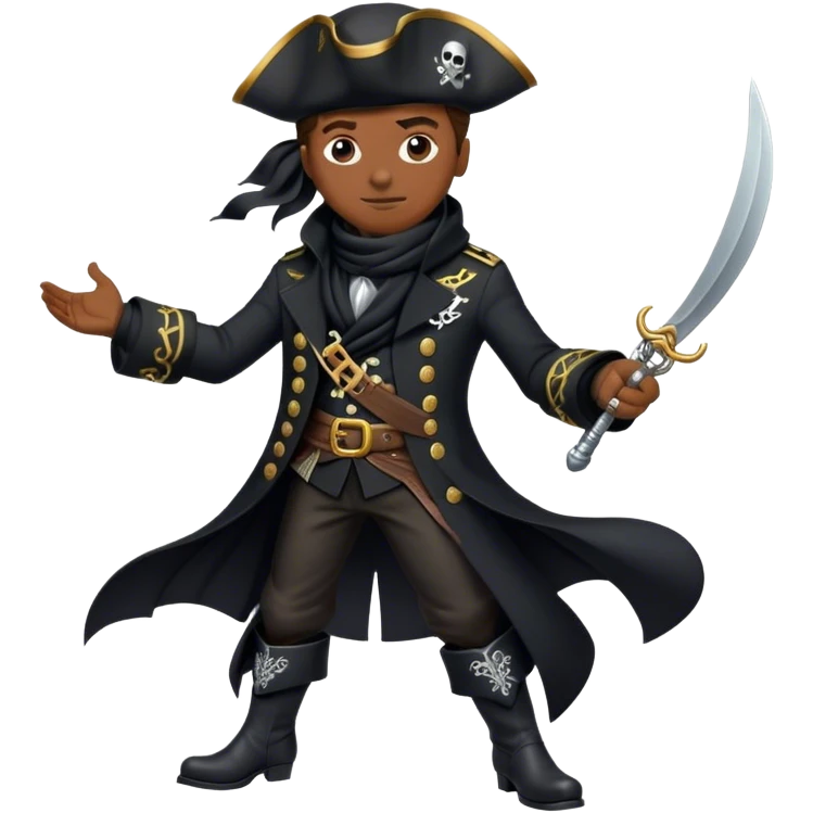 A confident pirate captain in a tailored black coat with silver embroidery, black boots, and a windswept black scarf. emoji