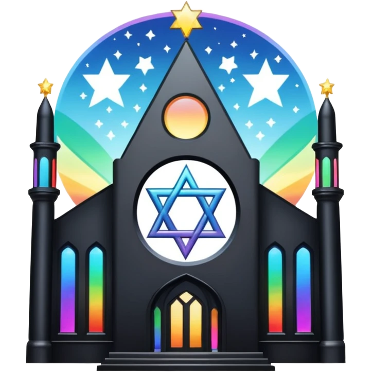jewish synagogue temple in dark goth aesthetic style with black building and light rainbow tint glass windows and star of david and celestial symbolism emoji