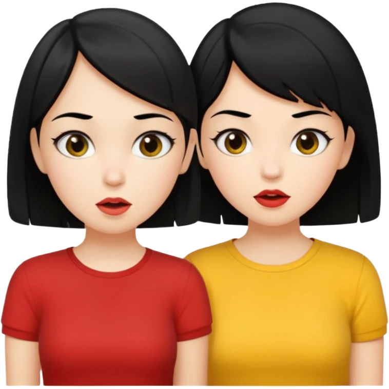 2 girls gossiping. both are fair and have black hair. One has short hair, one has long. One is wearing yellow, one is wearing red emoji