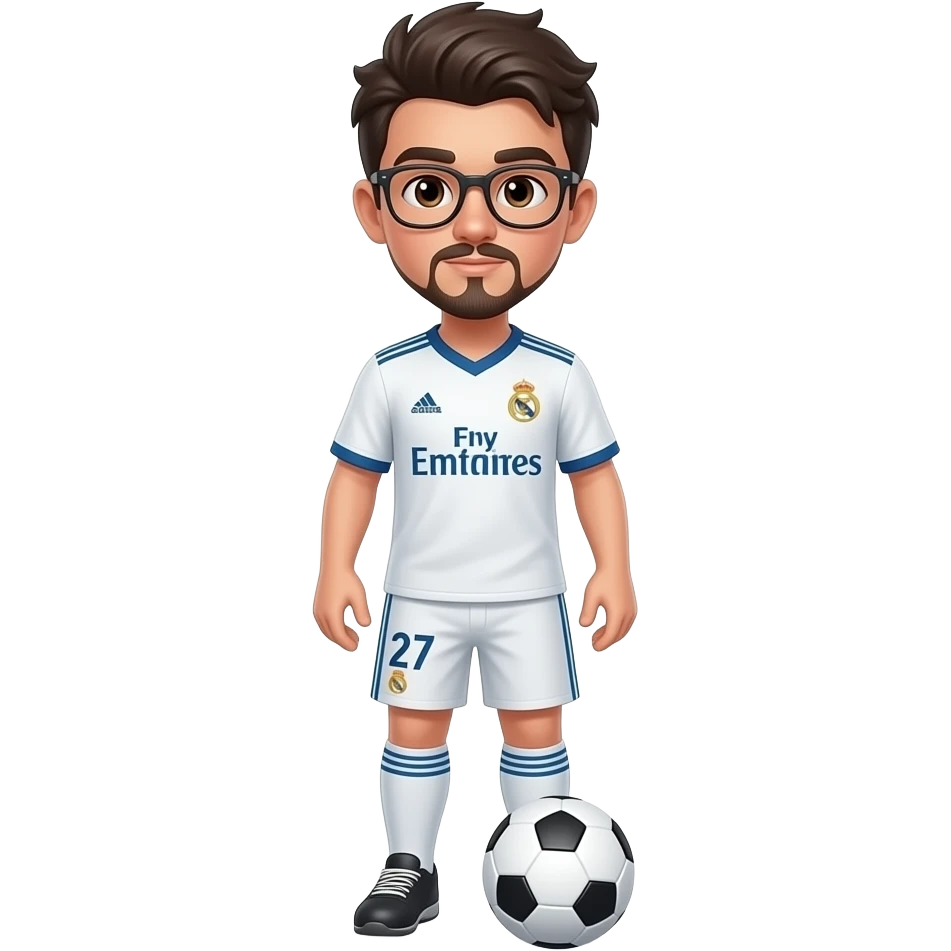 black boy with glasses playing soccer with  madrid jersey number 27 and a little mustache and a goatee emoji