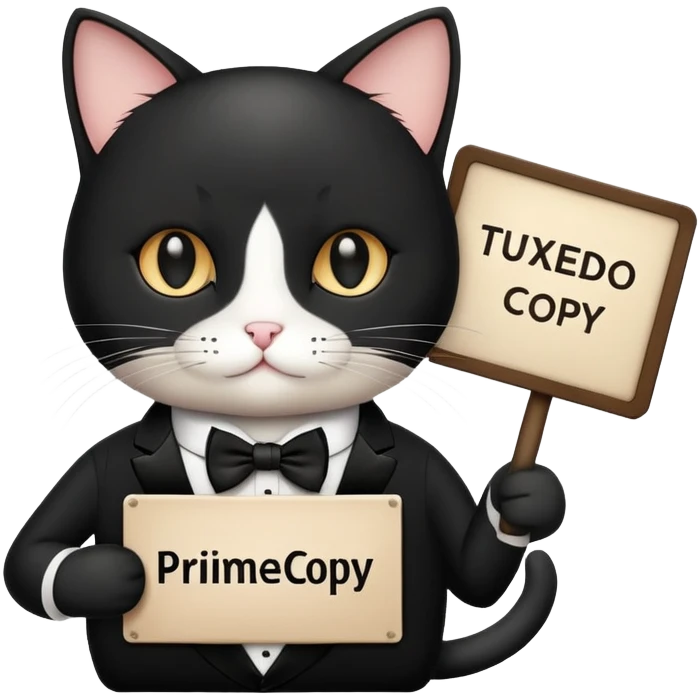 Cat in a black suit holding a sign with the inscription “PrimeCopy” emoji