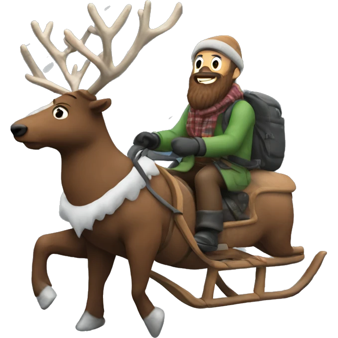 bearded man outdoors in a snowstorm riding a flying reindeer emoji