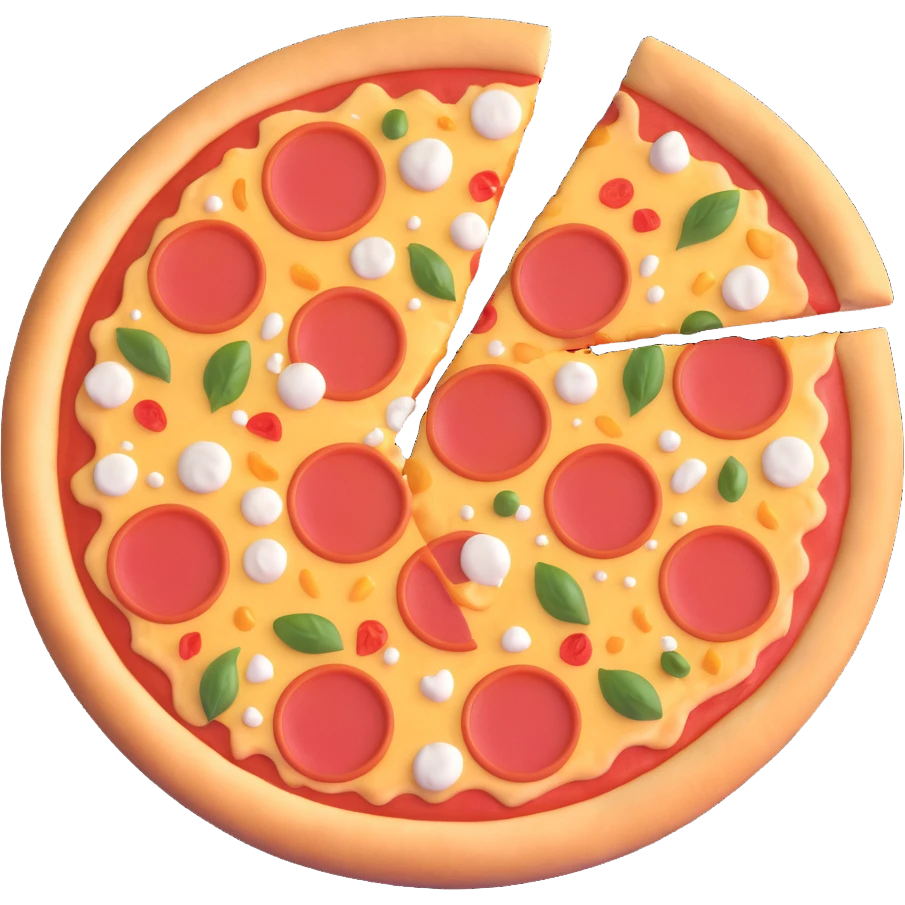 uncooked frozen pizza, round shape, pale dough base, evenly placed toppings like cheese, tomato sauce, pepperoni and vegetables, surface firm with slight frost and subtle ice crystals, matte finish, clean 3D rendering, soft lighting, subtle shadowing, emoji scale emoji