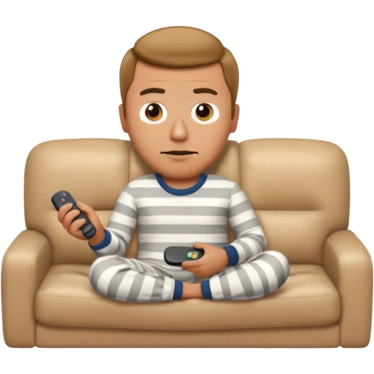 male memoji, lazy man in pajamas, lying on couch, holding TV remote, relaxed bored face, casual home vibe emoji