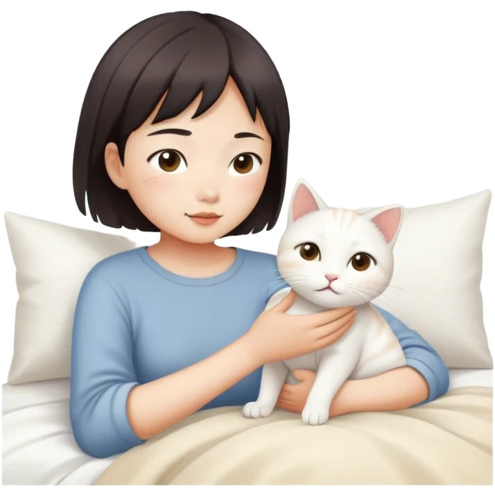 Short hair Asian girl wake up with white cat , sunshine  emoji