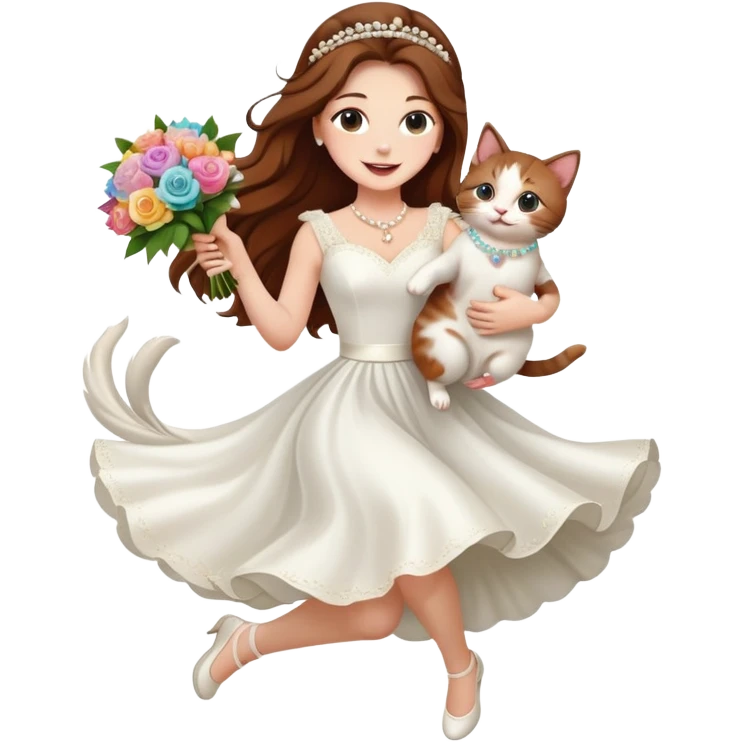White woman - long hair - white wedding dress - holding a kitten - happy - jumping - fashionable - elegant - bouquet - dreamy - colorful - pearl accessories emoji