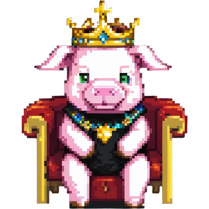 Minecraft style pig with a golden crown sitting on a throne, inspired by Technoblade emoji