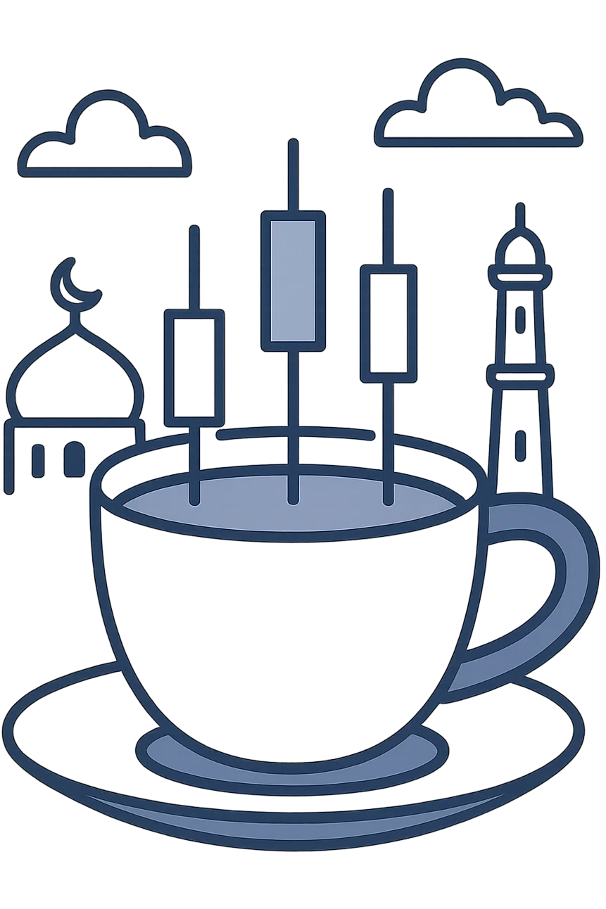 coffee cup with trading candlesticks inside, flat modern style, Middle Eastern trading theme emoji