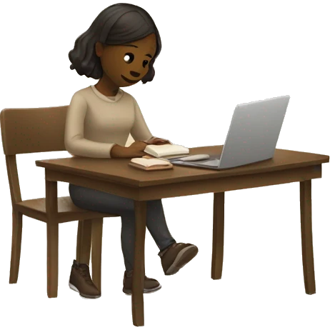 A girl at a table with a laptop. A a cup of coffee on the left side of the table. Books on the right side of the table. in beige tones emoji